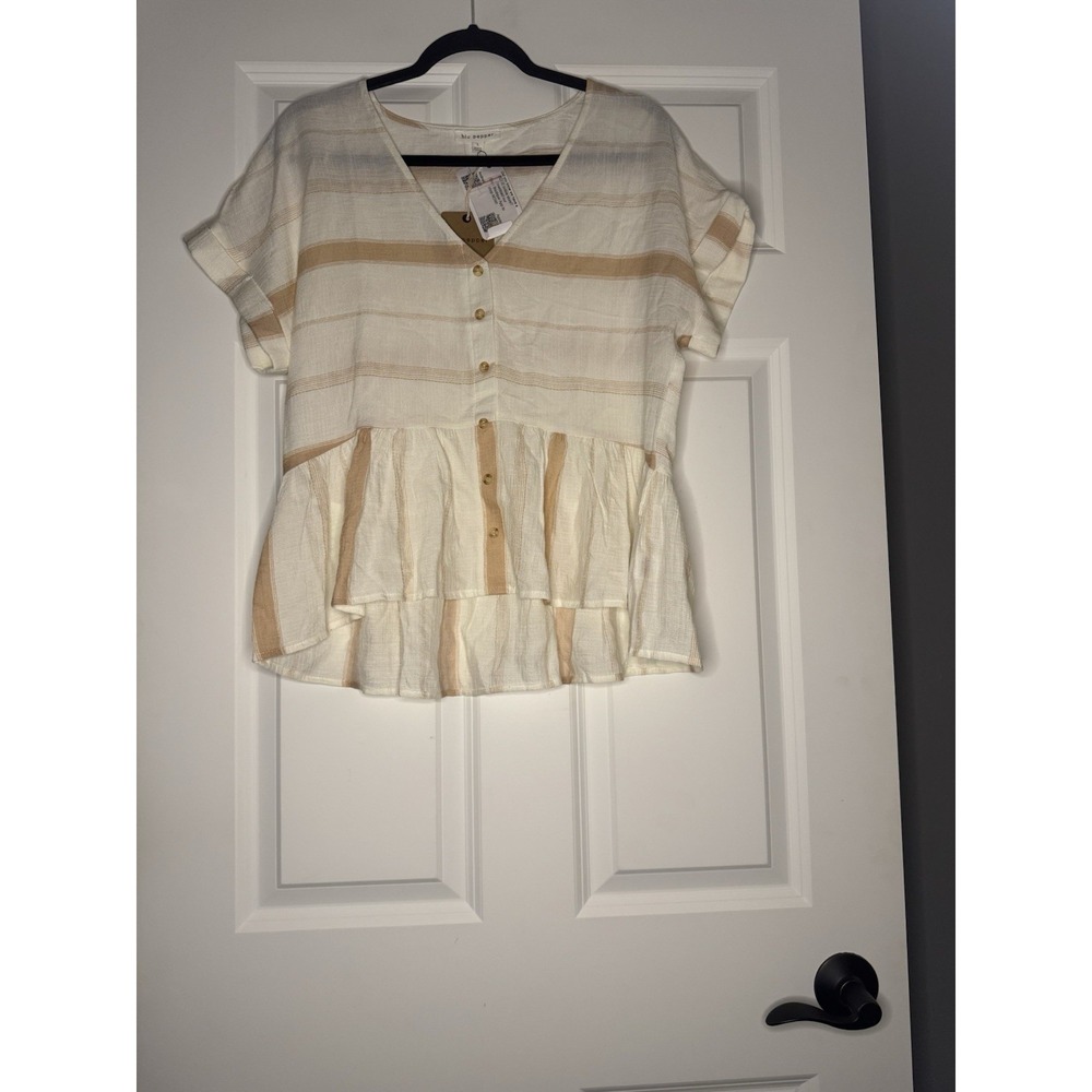 Blu Pepper Striped V Neck Cuff Peplum Top  Accent Buttons Large Nwt 30